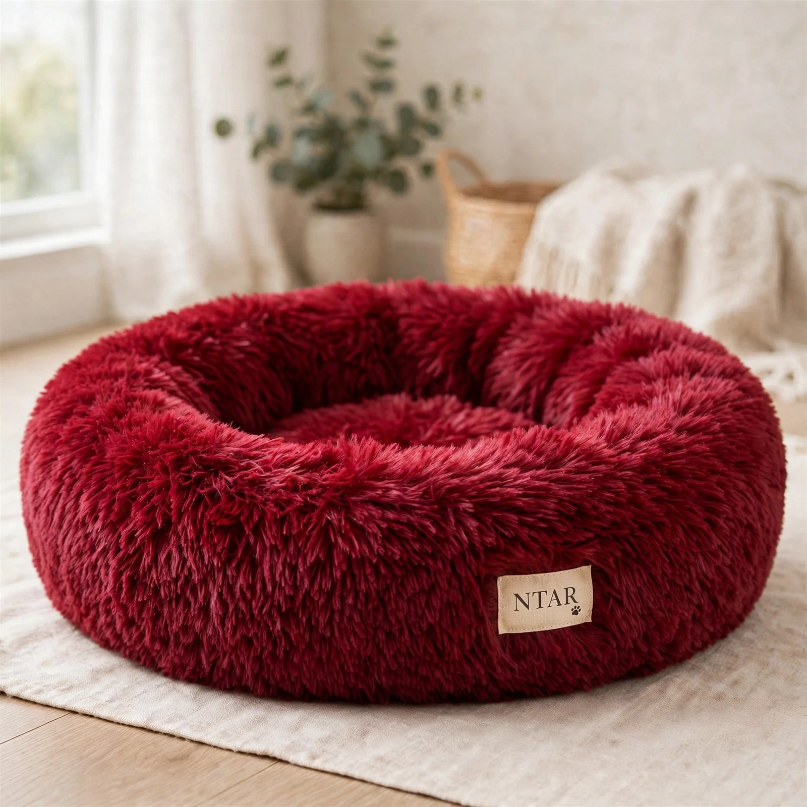 Wine-red fluffy round donut pet bed with a cream woven NTAR paw label, in a bright room