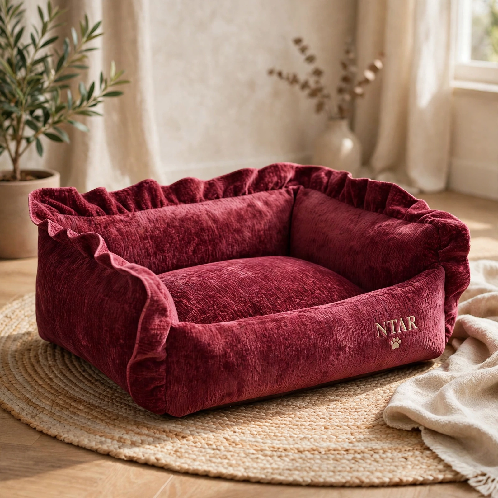Wine-red chenille pet sofa bed with ruffled bolster edges and the embroidered NTAR paw logo, sitting on a woven rug