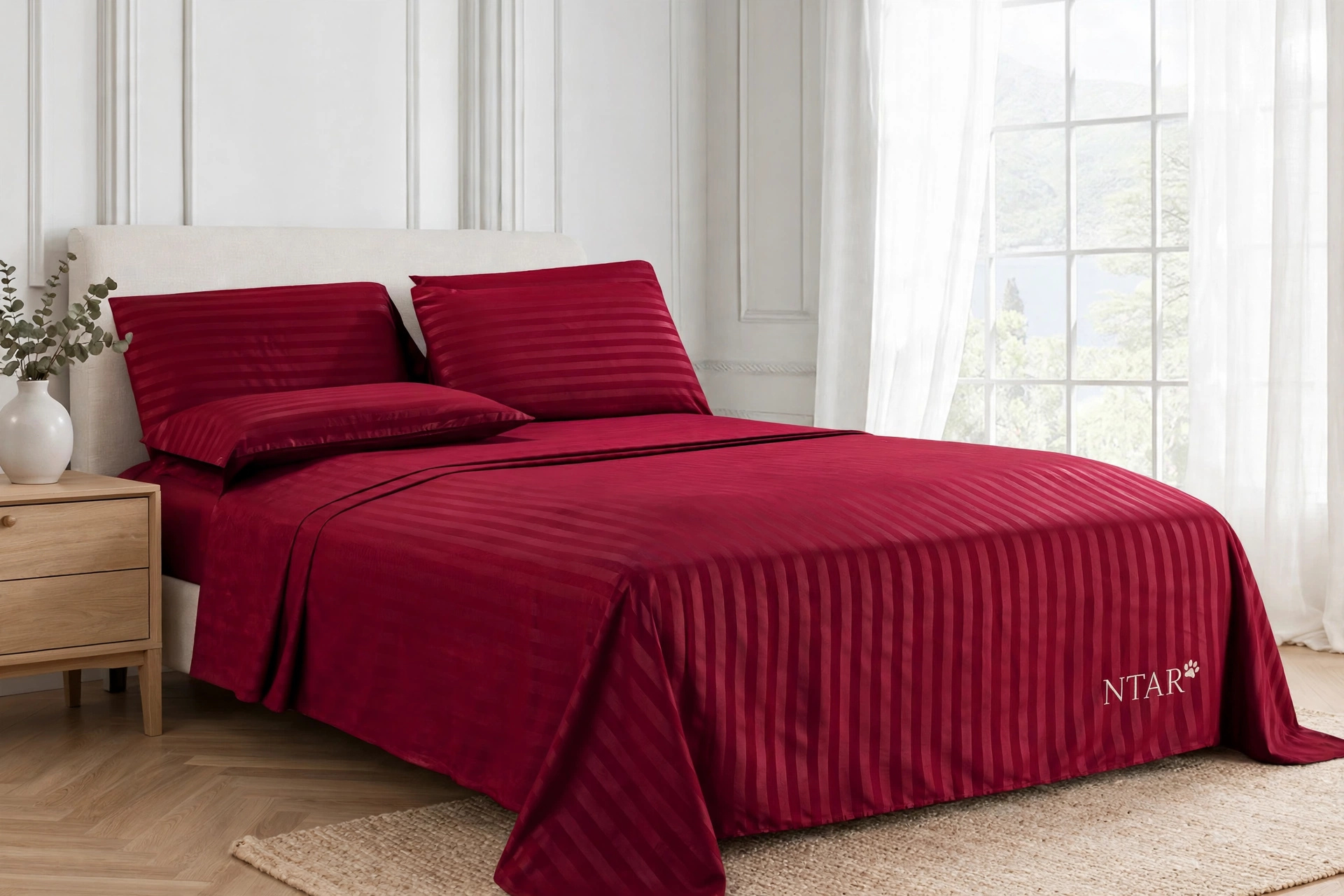 Wine-red damask stripe sheet set dressing a bed in a bright bedroom, the NTAR paw logo embroidered on the corner of the sheet